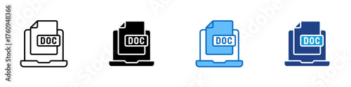 Document File Multiple Style Icon Design Vector - Laptop displaying a DOC file representing digital documents, text files, and word processing