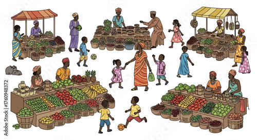 A vibrant illustration of a bustling African market scene with vendors and customers.