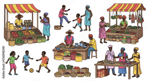 Illustration of a bustling African market scene with vendors, customers, and children playing.