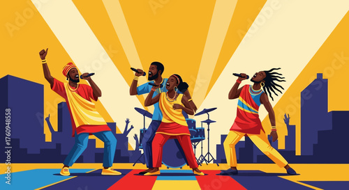 An energetic band of four Black vocalists singing on stage with a city skyline and spotlights in the background.