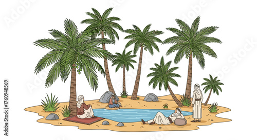An illustration of an oasis in a desert with palm trees, a pool of water, and three people in traditional attire resting.