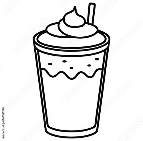 Outline illustration of a delicious, creamy beverage in a clear glass, topped with whipped cream and a straw, perfect for cafes, restaurants, and refreshment advertising