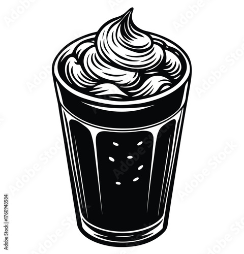 A delicious and creamy cold coffee drink with whipped cream on top, perfect for a refreshing treat, illustrated in a bold black and white style