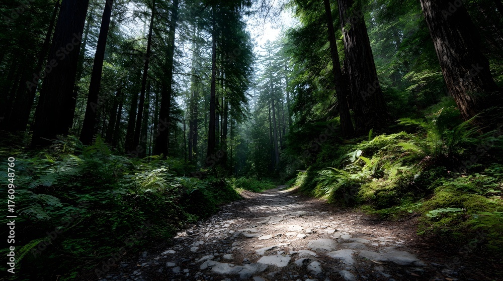 Obraz premium A sun d d forest path winds through a dense green woodland