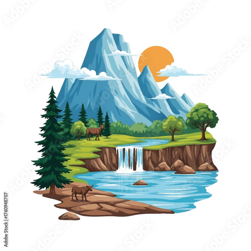 A vibrant illustration of a serene mountain landscape with a cascading waterfall, lush green trees, and wild animals