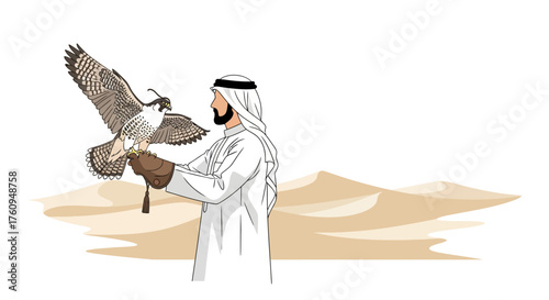 An illustration of a man in traditional attire with a falcon in the desert.