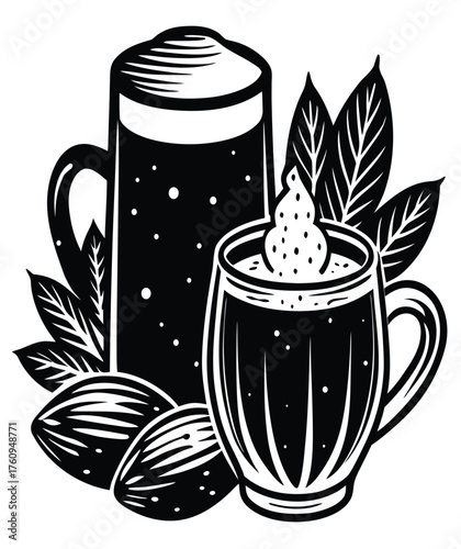 Artistic depiction of a nut-milk beverage, featuring almonds and leaves. This illustration showcases a glass of nut-milk, complemented by almonds, leaves, and a touch of artistic flair