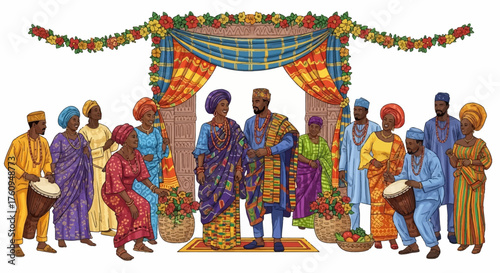 A vibrant illustration of an African wedding ceremony with diverse attendees and colorful attire.