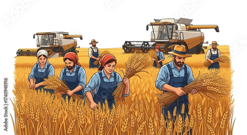 Illustration of farmers manually gathering wheat sheaves in a golden field with modern combine harvesters in the background.