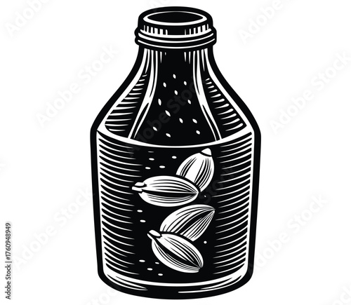 An artisan cardamom-infused plant-based milk in a vintage glass bottle, a luxurious and healthy non-dairy beverage in a retro woodcut illustration