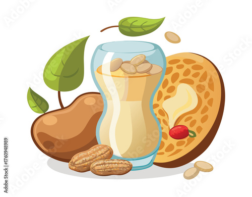 A simple and nutritious glass of plant-based peanut milk, a healthy vegan alternative drink, shown with whole groundnuts, shelled nuts, and fresh green leaves in a cartoon illustration