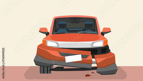 Cartoon Vector or illustration of orange car view from front car. front bumper is broken. Background of orange tone.
