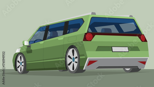 Perspectives rear side view of van green car. Can see interior of car. background of green tone.