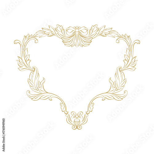 Baroque frame wedding crest. Heart shape vintage crest with acanthus decor. Victorian frame for wedding invitation, card, cover, banner, save the date, monogram frame. Hand drawn antique crest.