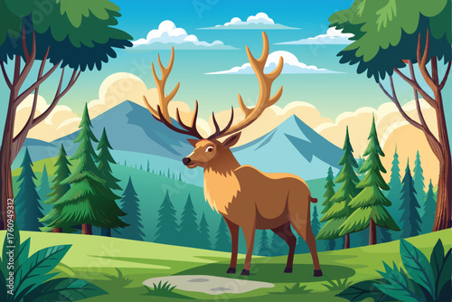 Deer in Forest Vector Illustration – Wildlife Nature Landscape Art Design