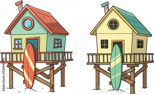 Colorful beach house flat vector, cartoon surf shack, stilted seaside homes, tropical vacation scene, summer architecture, coastal lifestyle illustration
