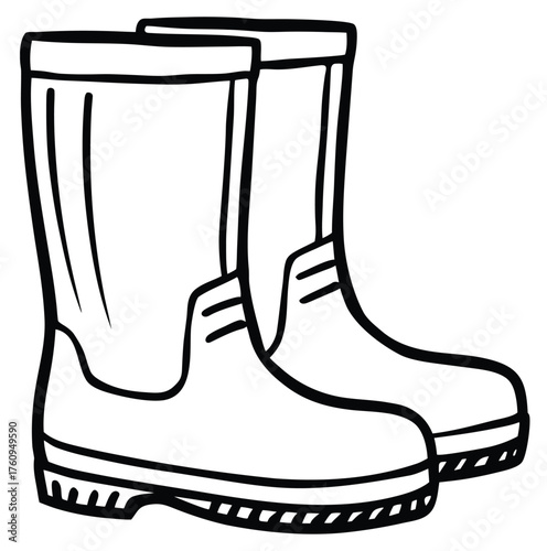 A classic pair of black rubber rain boots stands isolated, ready for winter wear and waterproof footwear fashion