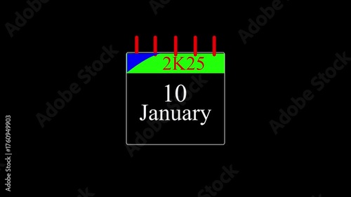 January month calendar with time symbol. Simple calendar icon animation and date change of time month with black background..