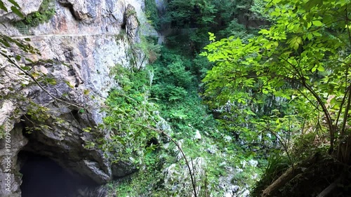 Exterior of the impressive Skocjan Cave, entrance to the grotto in the mountain, Slovenia.