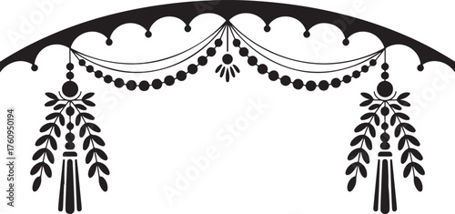 Ornate Black Archway Design with Double Garland and Hanging Leaf Embellishments decorative silhouette