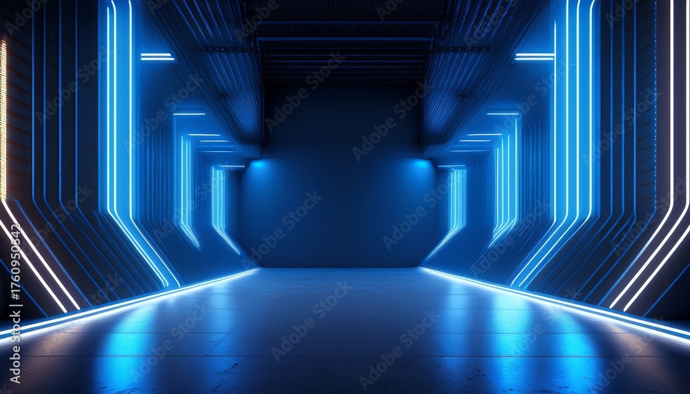 Obraz premium background neon 3d room light dark empty abstract stage floor neon wall 3d background space interior modern showroom blue warehouse future technology studio garage render hall tunnel concrete car led