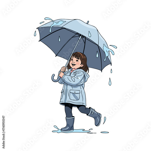 A little girl is playing in the rain with an umbrella.