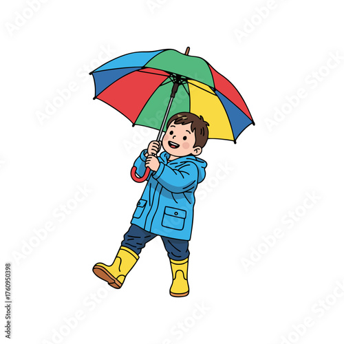 A boy is playing in the rain with an umbrella.