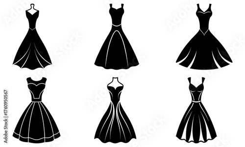 Collection of six elegant black dresses with varying necklines and skirt styles for formal occasions