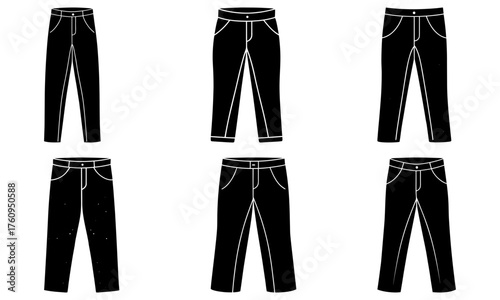 Illustration of six pairs of black pants with varying styles and shapes on a white background plain view