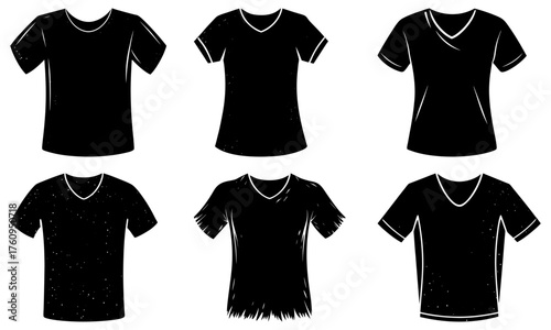 Collection of six black t shirts with different necklines and sleeve styles on a white background