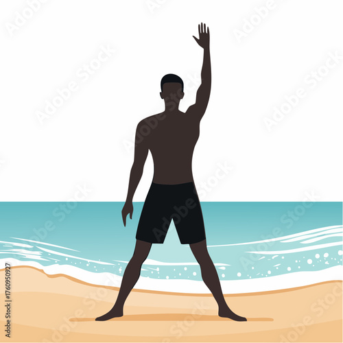 Dark Skinned Man in Black Swim Trunks Stretching Arm Upward on Sandy Beach with Turquoise Ocean Water and White Sky in Vector Illustration