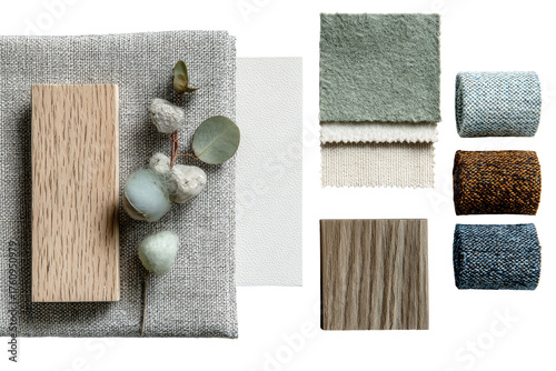Sample swatches of natural materials.  Various wood tones, textiles, and greenery arranged for a design project, showcasing different shades of beige, gray, green, and brown