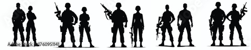 silhouette male and female army soldiers standing 
