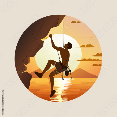 Silhouette of Rock Climber Ascending Cliff at Sunset with Warm Hues and Reflected Light on Water Surface in Circular Frame