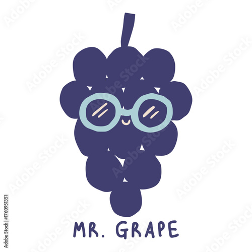 Cute Mr. Grape cartoon character with glasses illustration for funny t-shirt design