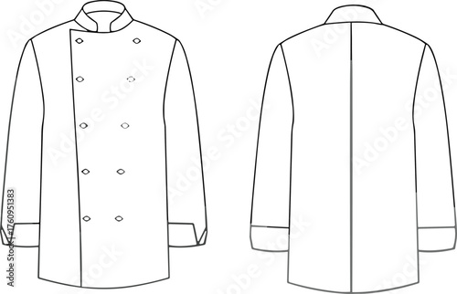 Flat vector technical drawing of chef coat front and back view, uniform design, garment construction, culinary fashion, professional kitchen wear
