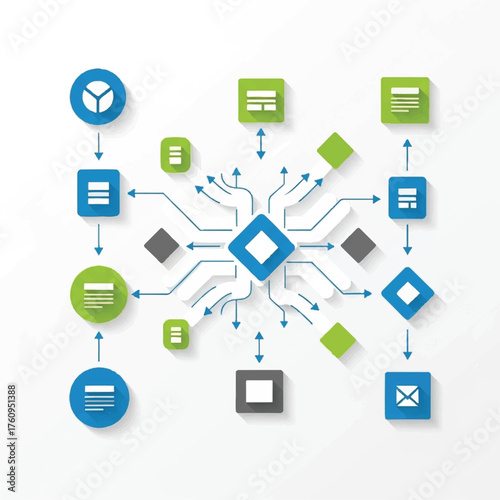 Digital Network: An abstract depiction of an intricate digital network. The design features a central hub connected by lines to various digital elements.