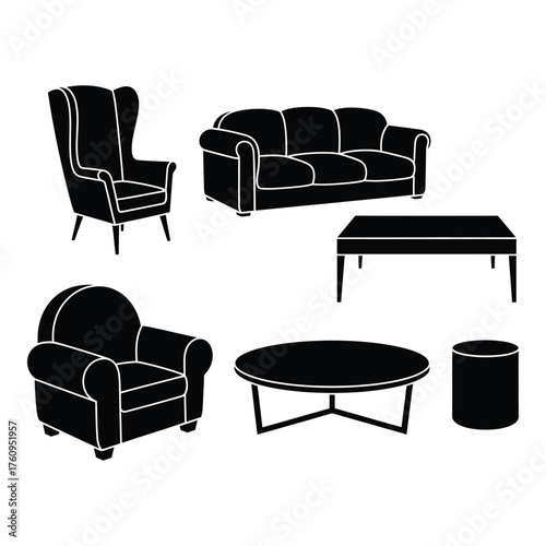 Modern living room furniture set silhouette featuring sofa armchairs coffee table ottoman