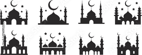 Islamic mosque silhouette set with crescent moons and stars, diverse architecture styles, religious building icons, cultural design elements, flat vector