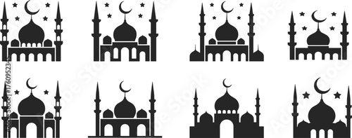 Islamic mosque silhouette set with domes, minarets, crescent moons and stars, religious architecture icons for cultural design, flat vector