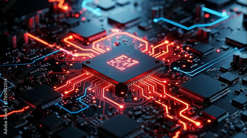 Processor Visual Image Red A futuristic CPU processor on a circuit board. Glowing red and blue ...