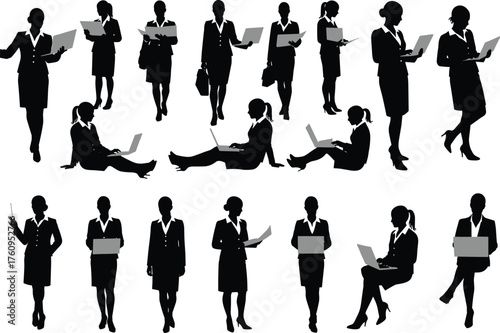 Professional women using laptops and tablets in various poses, business attire silhouettes, modern workplace concept, digital communication, flat vector
