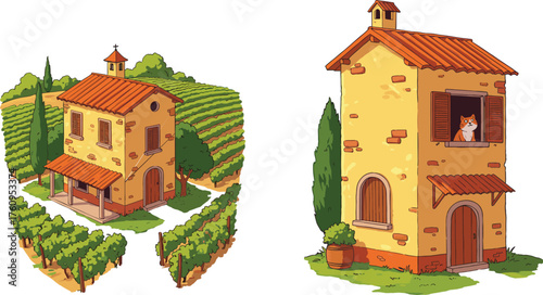 Rustic Mediterranean vineyard house with terracotta roof, arched windows, cypress trees, cat in window, scenic rural architecture, flat vector