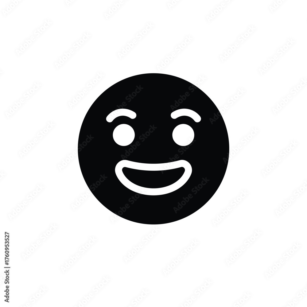 Fototapeta premium Black happy face icon with white eyes and open mouth