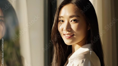 Radiant Asian Woman Smiling in Golden Hour Light by Window Video