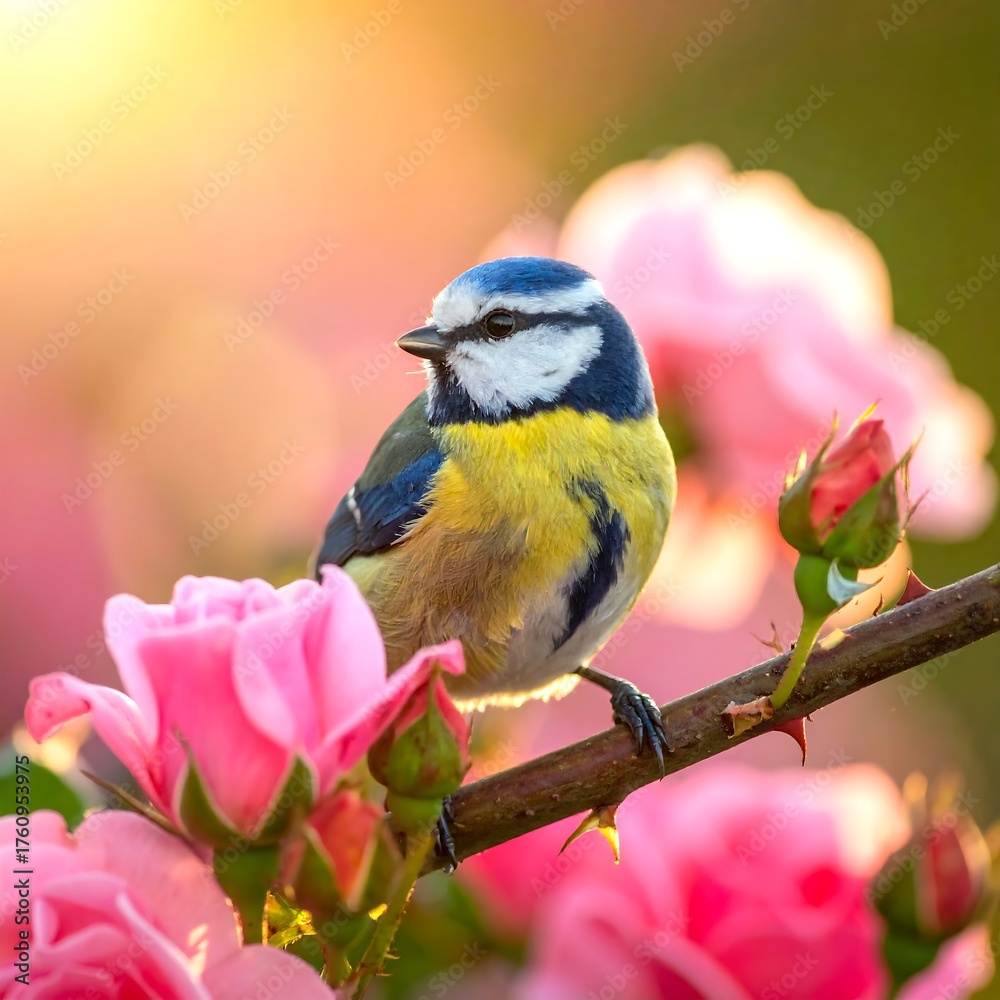 Fototapeta premium A tiny blue, yellow, and white feathered creature perched on a rose branch