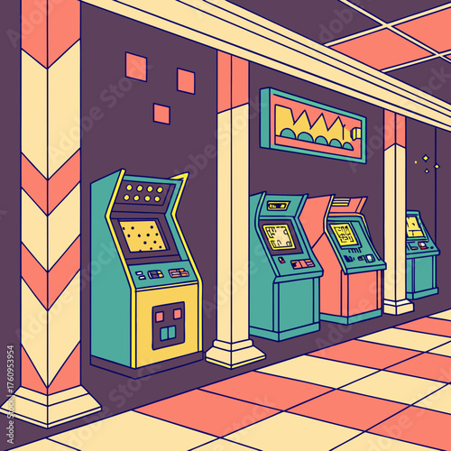 Vector art of retro arcade game room with vintage machines and tiled floor isolated