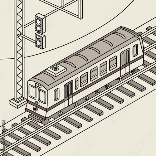 Vector art of isometric illustration of a train on the tracks in a city setting