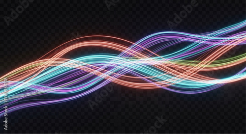 An eye-catching image features abstract flowing colorful light trails, ideal for adding a modern touch to designs. This piece is perfect for backgrounds. vector illustration