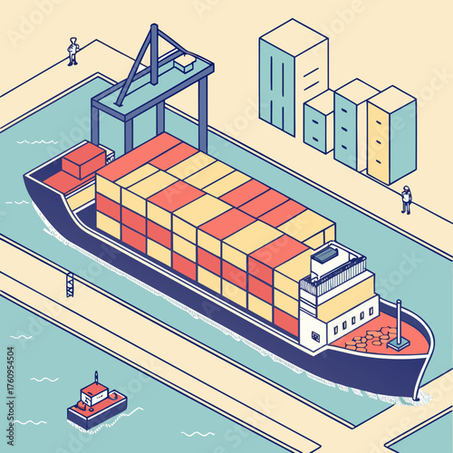 Vector art of isometric cargo ship with containers in the port with crane and tugboat